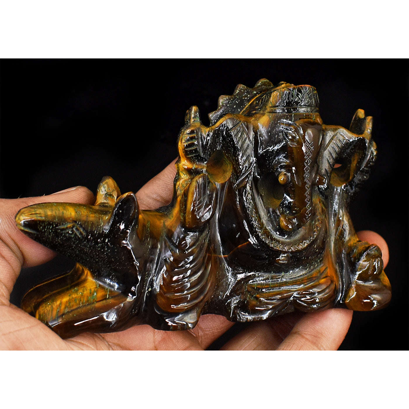 gemsmore:Artisian Tiger Eye Hand Carved Genuine Crystal Gemstone Carving Lord Ganesha