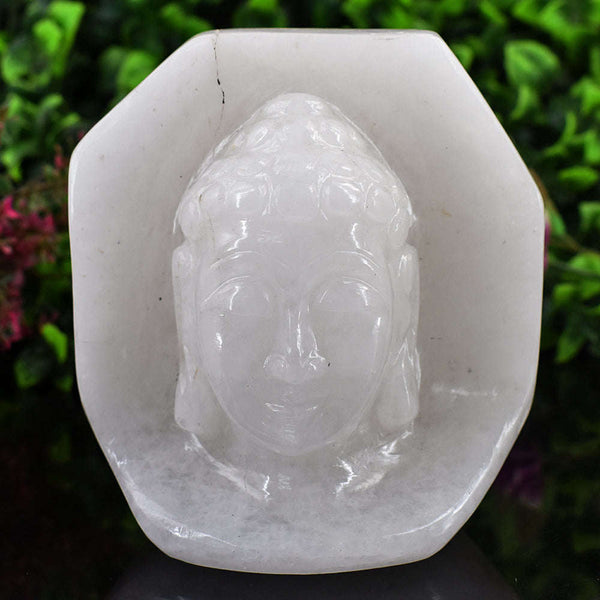 gemsmore:Artisian White Agate Hand Carved Genuine Crystal Gemstone Carving Buddha Head