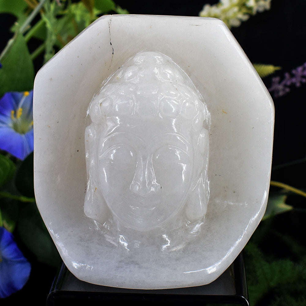 gemsmore:Artisian White Agate Hand Carved Genuine Crystal Gemstone Carving Buddha Head