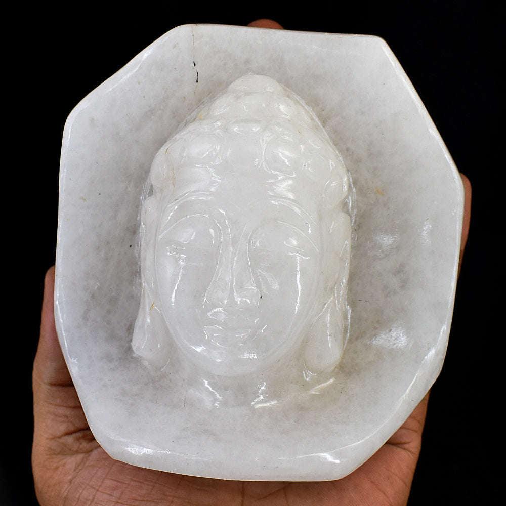 gemsmore:Artisian White Agate Hand Carved Genuine Crystal Gemstone Carving Buddha Head