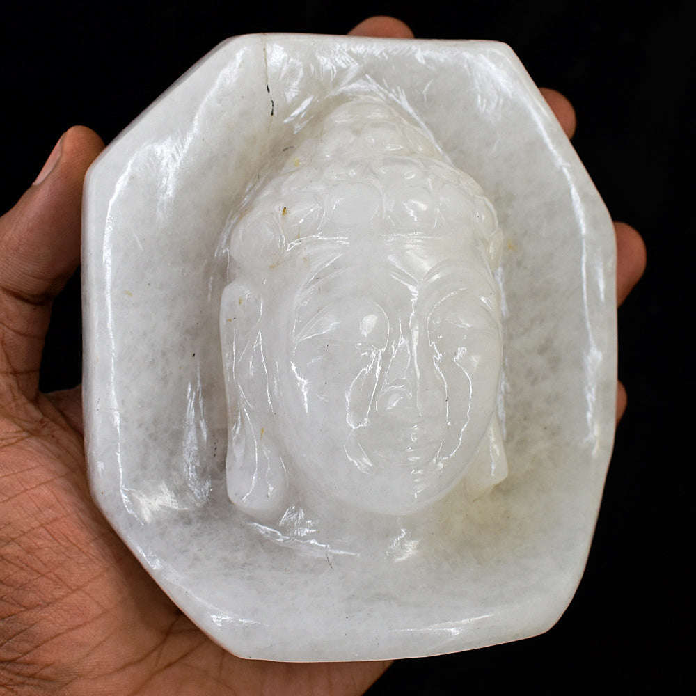 gemsmore:Artisian White Agate Hand Carved Genuine Crystal Gemstone Carving Buddha Head