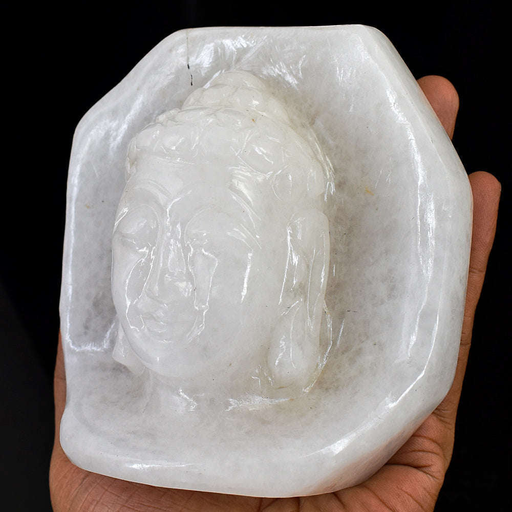 gemsmore:Artisian White Agate Hand Carved Genuine Crystal Gemstone Carving Buddha Head