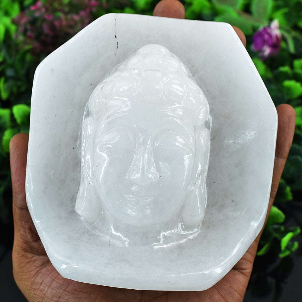 gemsmore:Artisian White Agate Hand Carved Genuine Crystal Gemstone Carving Buddha Head