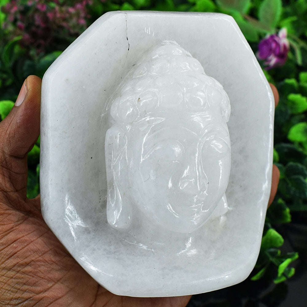 gemsmore:Artisian White Agate Hand Carved Genuine Crystal Gemstone Carving Buddha Head