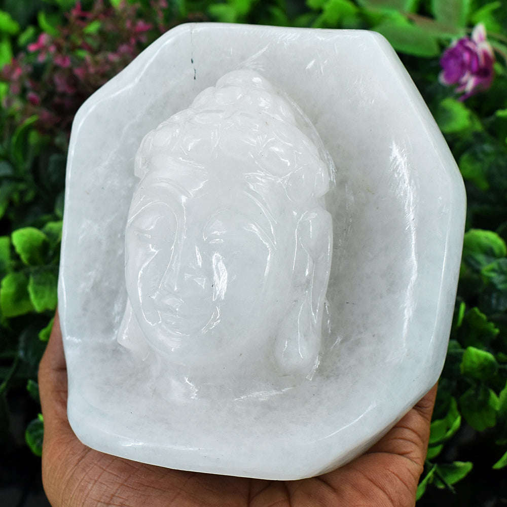 gemsmore:Artisian White Agate Hand Carved Genuine Crystal Gemstone Carving Buddha Head