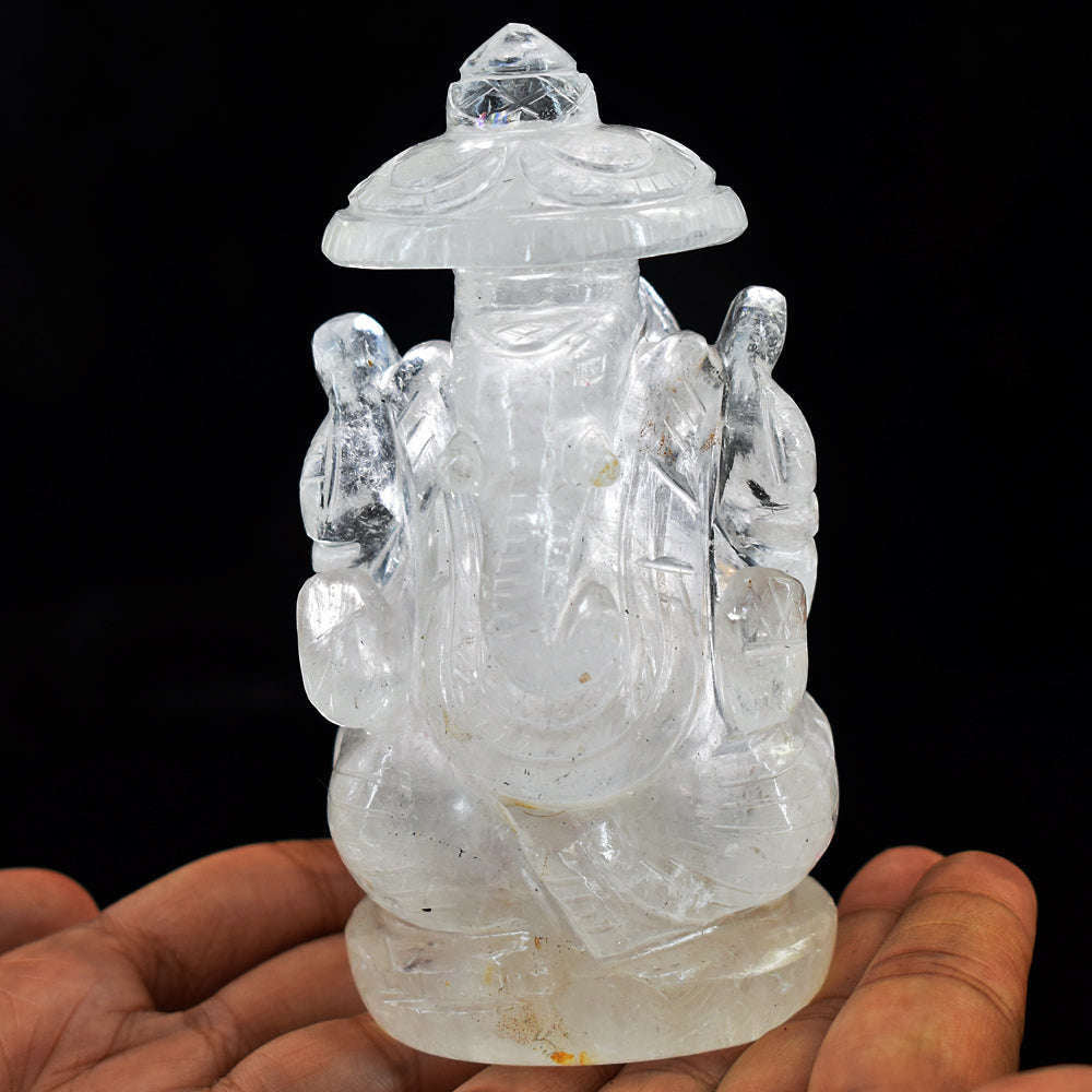gemsmore:Artisian White Quartz Hand Carved Crystal Lord Ganesha With Throne