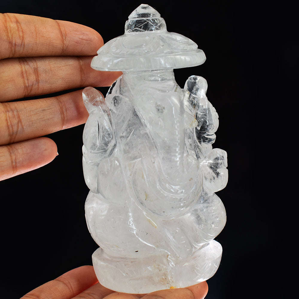gemsmore:Artisian White Quartz Hand Carved Crystal Lord Ganesha With Throne