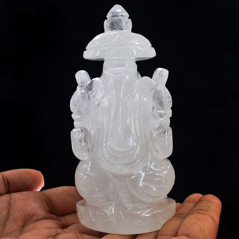 gemsmore:Artisian White Quartz Hand Carved Crystal Lord Ganesha With Throne Carving Gemstone