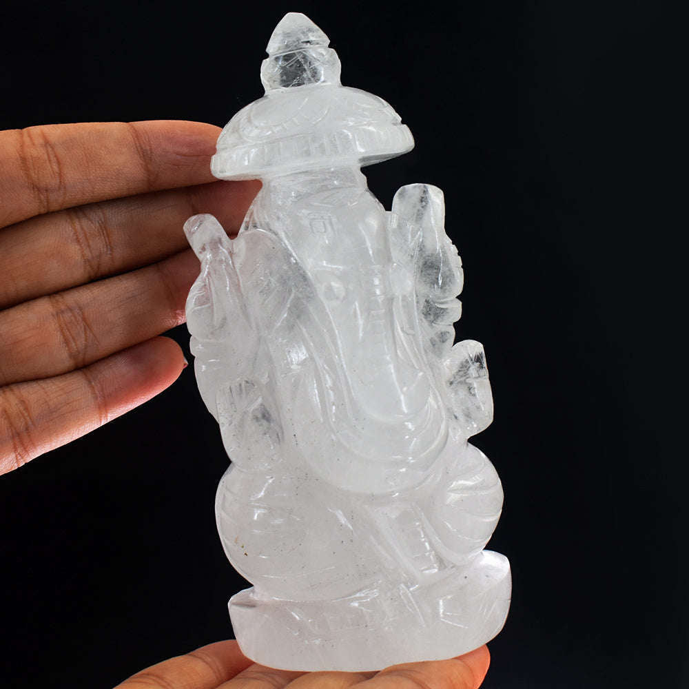 gemsmore:Artisian White Quartz Hand Carved Crystal Lord Ganesha With Throne Carving Gemstone