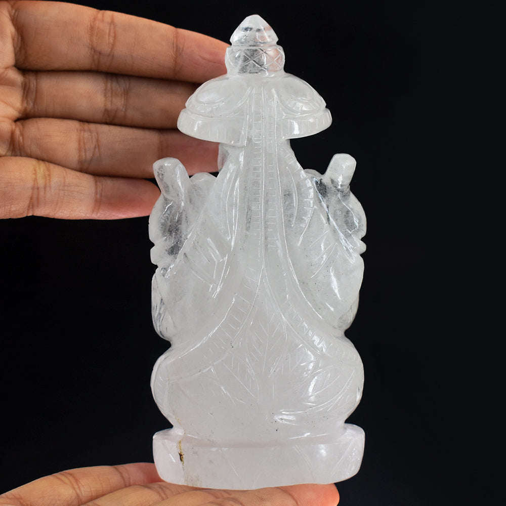gemsmore:Artisian White Quartz Hand Carved Crystal Lord Ganesha With Throne Carving Gemstone