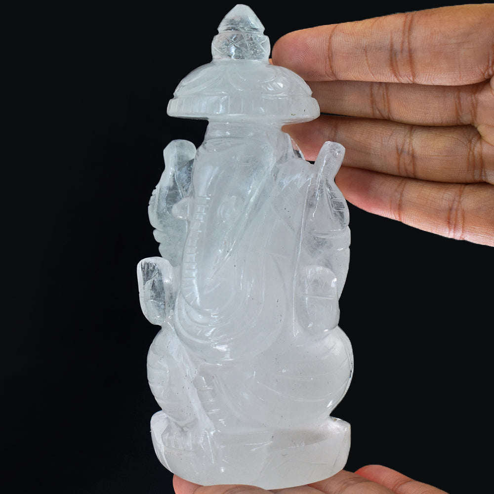 gemsmore:Artisian White Quartz Hand Carved Crystal Lord Ganesha With Throne Carving Gemstone