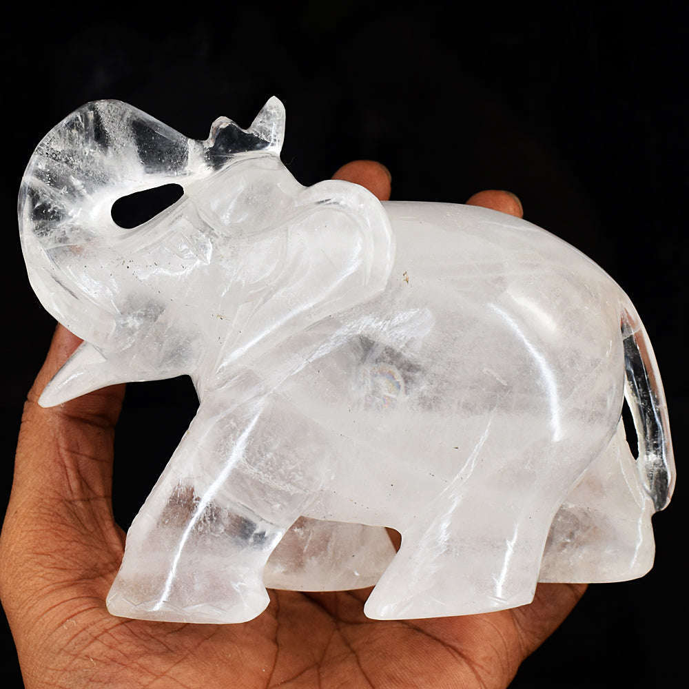 gemsmore:Artisian White Quartz  Hand Carved Genuine Crystal Gemstone Carving Elephant