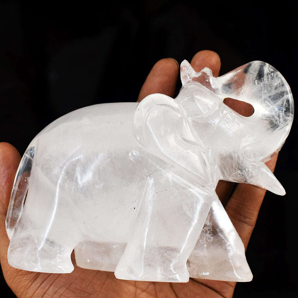 gemsmore:Artisian White Quartz  Hand Carved Genuine Crystal Gemstone Carving Elephant