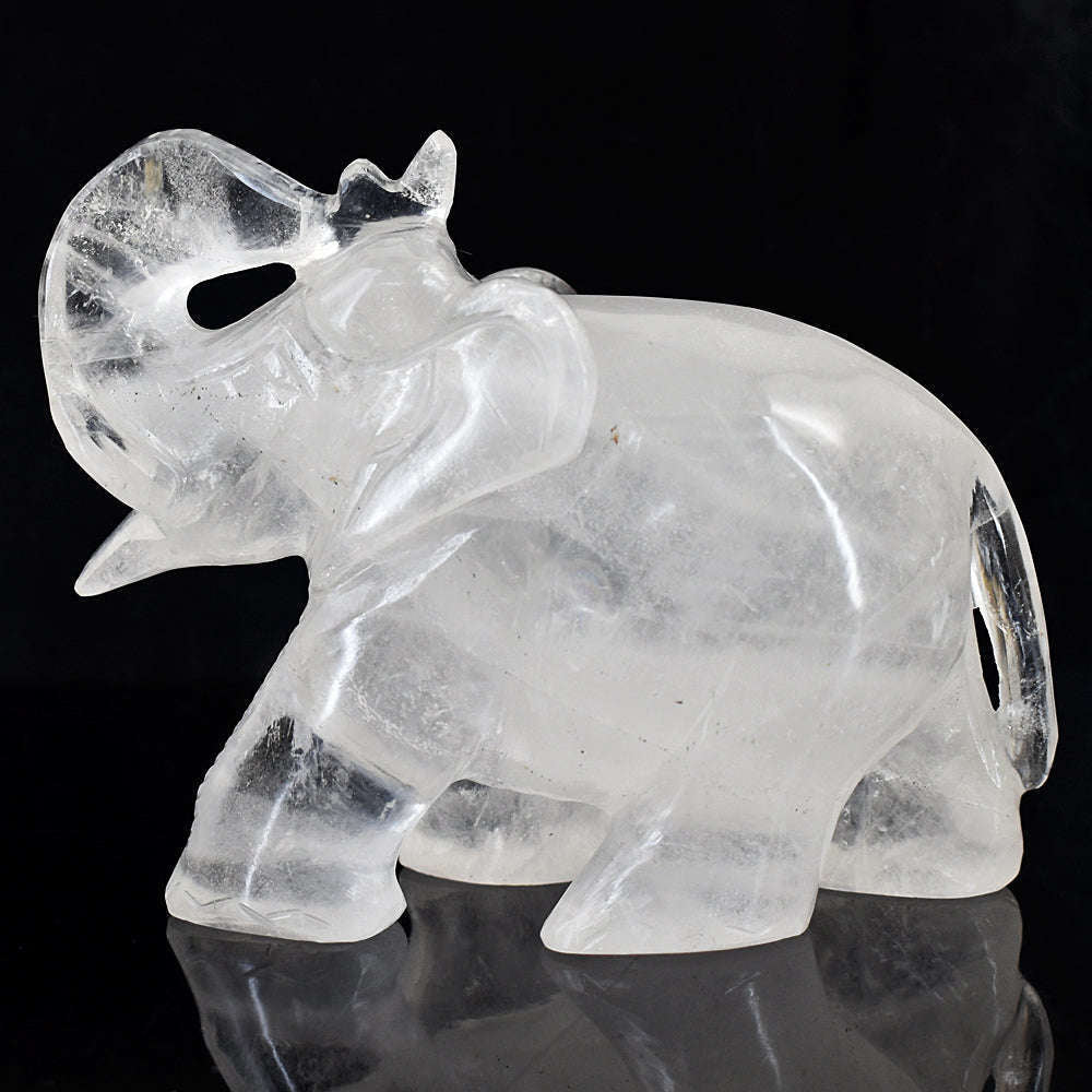 gemsmore:Artisian White Quartz  Hand Carved Genuine Crystal Gemstone Carving Elephant