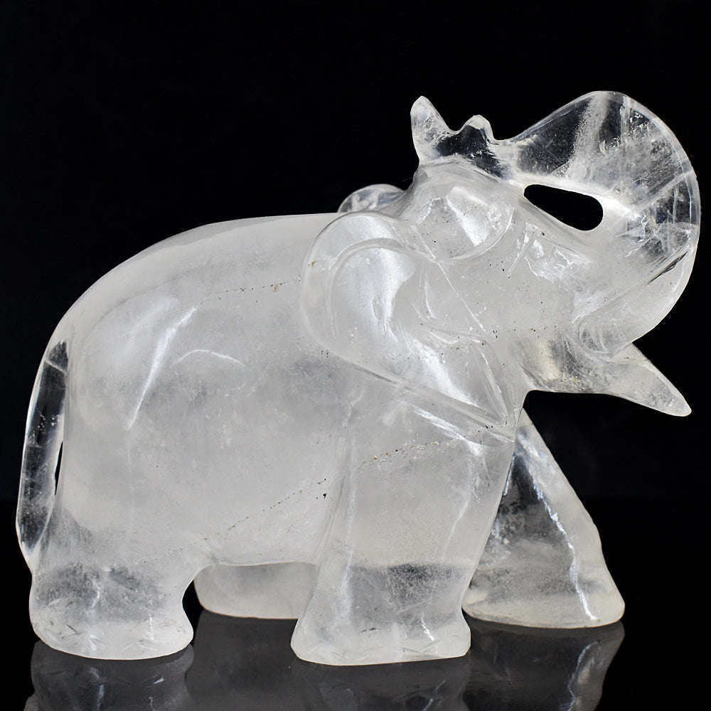 gemsmore:Artisian White Quartz  Hand Carved Genuine Crystal Gemstone Carving Elephant