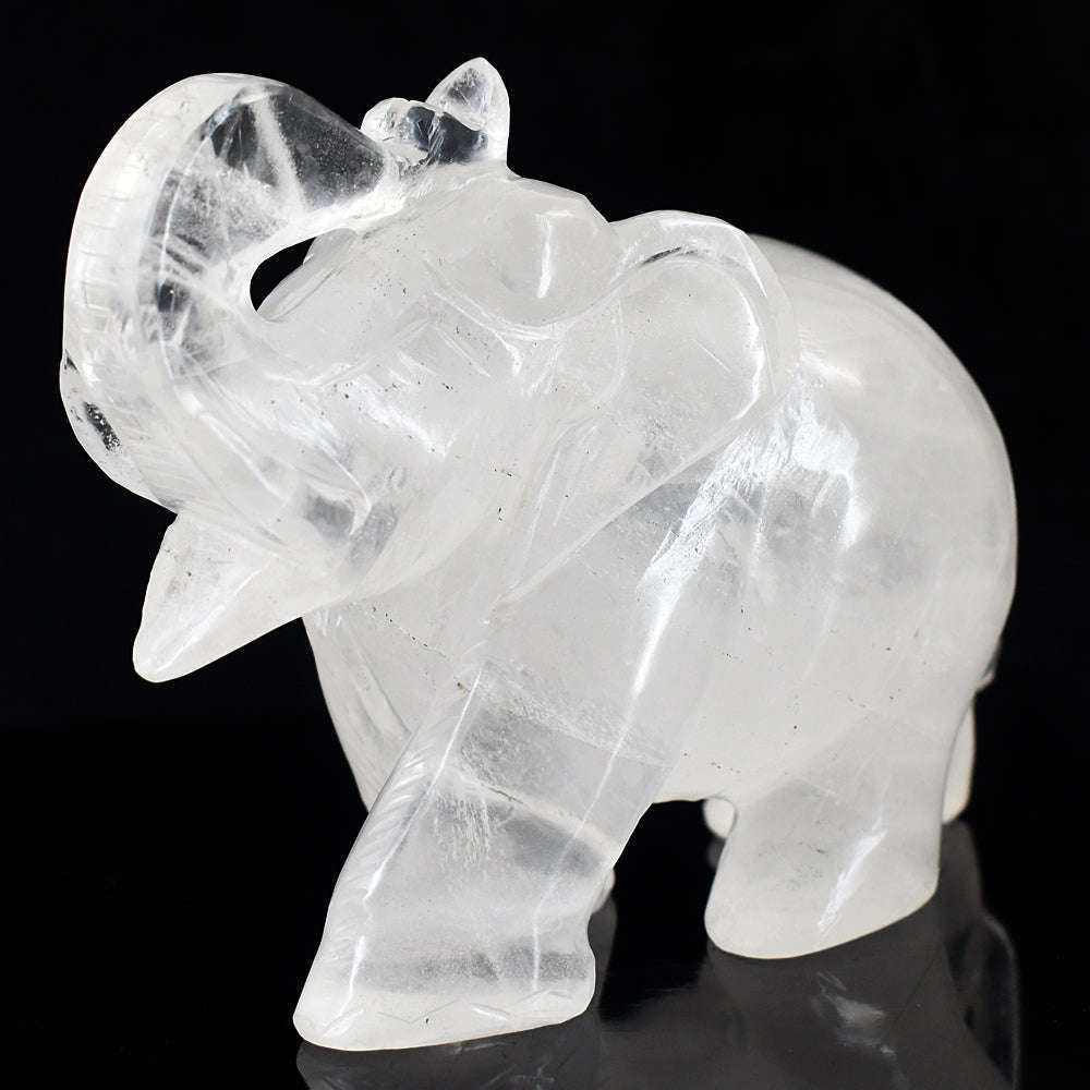 gemsmore:Artisian White Quartz  Hand Carved Genuine Crystal Gemstone Carving Elephant