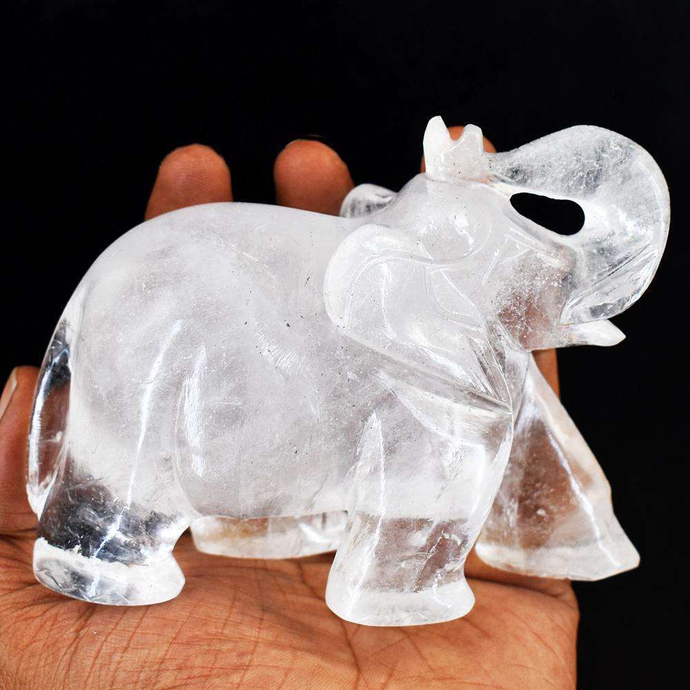 gemsmore:Artisian White Quartz Hand Carved Genuine Crystal Gemstone Carving Elephant