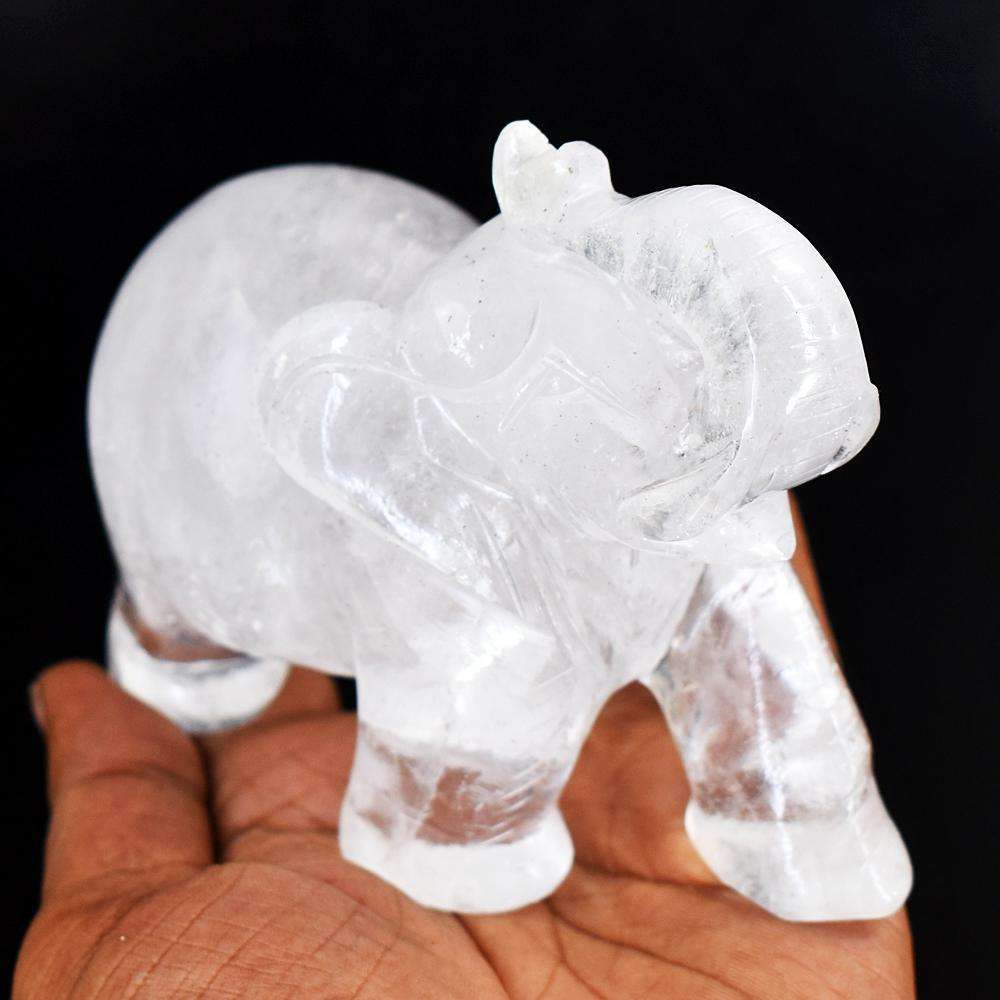 gemsmore:Artisian White Quartz Hand Carved Genuine Crystal Gemstone Carving Elephant