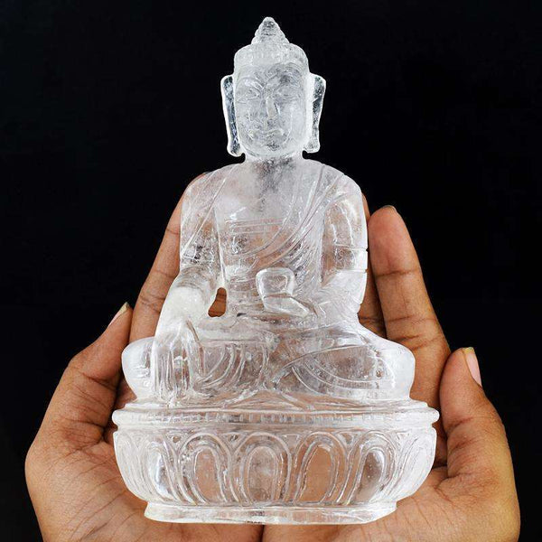 gemsmore:Artisian White Quartz Hand Carved Genuine Crystal Gemstone Carving Massive Lord Buddha