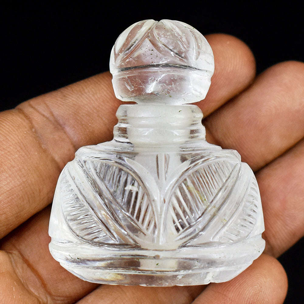 gemsmore:Artisian White Quartz  Hand Carved Genuine Crystal Gemstone Carving Perfume Bottle