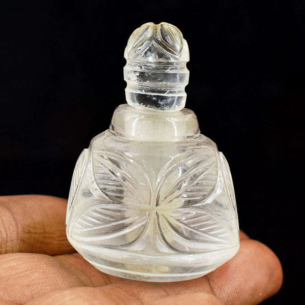 gemsmore:Artisian White Quartz  Hand Carved Genuine Crystal Gemstone Carving Perfume Bottle