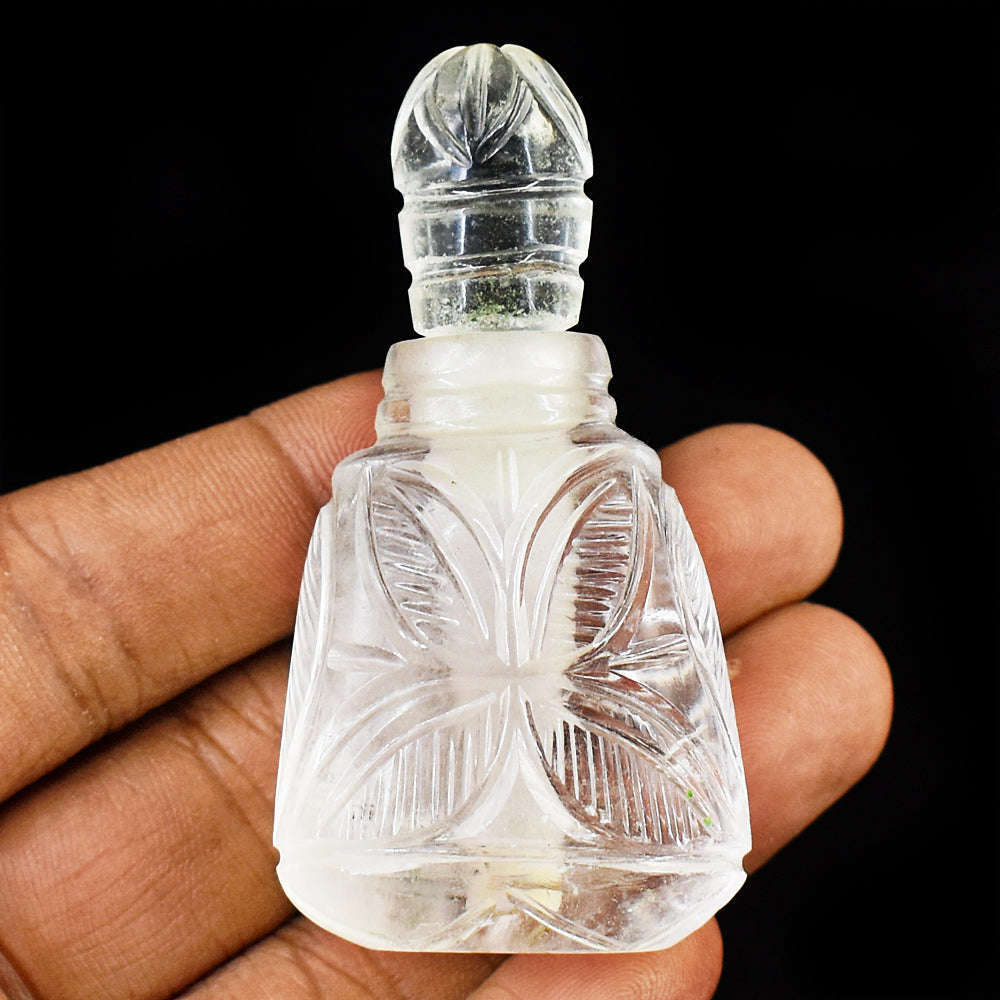 gemsmore:Artisian White Quartz  Hand Carved Genuine Crystal Gemstone Carving Perfume Bottle