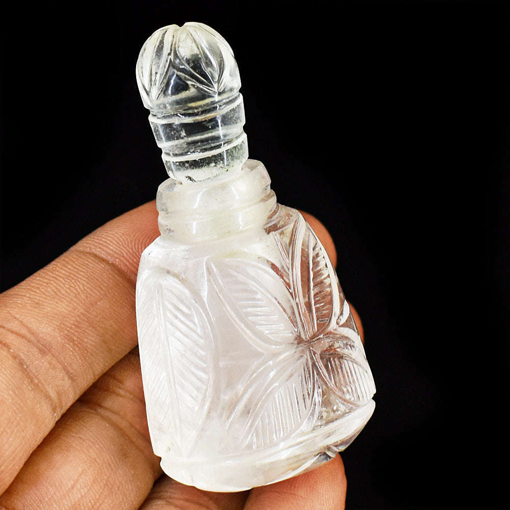 gemsmore:Artisian White Quartz  Hand Carved Genuine Crystal Gemstone Carving Perfume Bottle