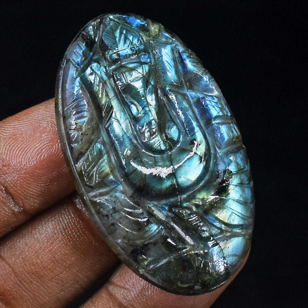 gemsmore:Awesome  84 Cts Genuine Amazing Flash Labradorite Carved Ganesha Gemstone