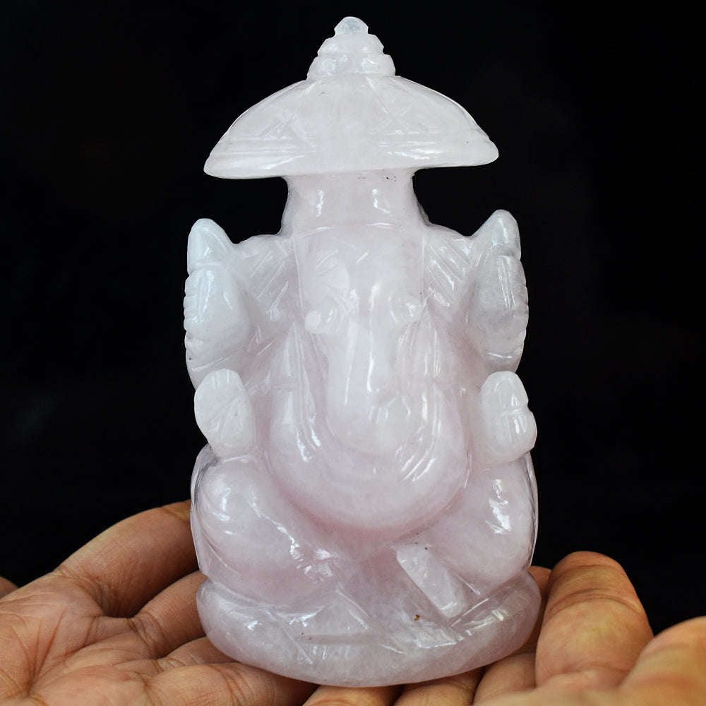 gemsmore:Awesome Pink Rose Quartz  Hand Carved Lord Ganesha With Throne