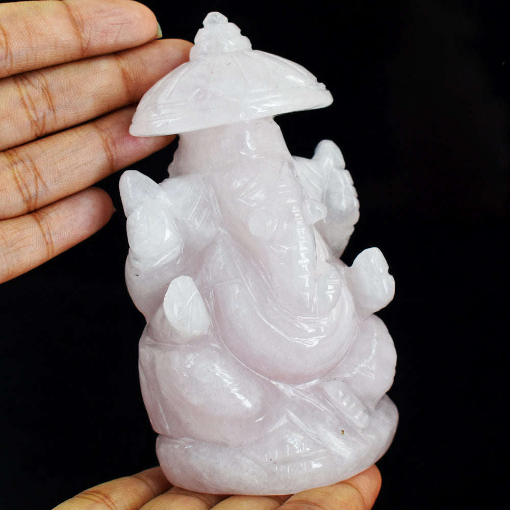 gemsmore:Awesome Pink Rose Quartz  Hand Carved Lord Ganesha With Throne