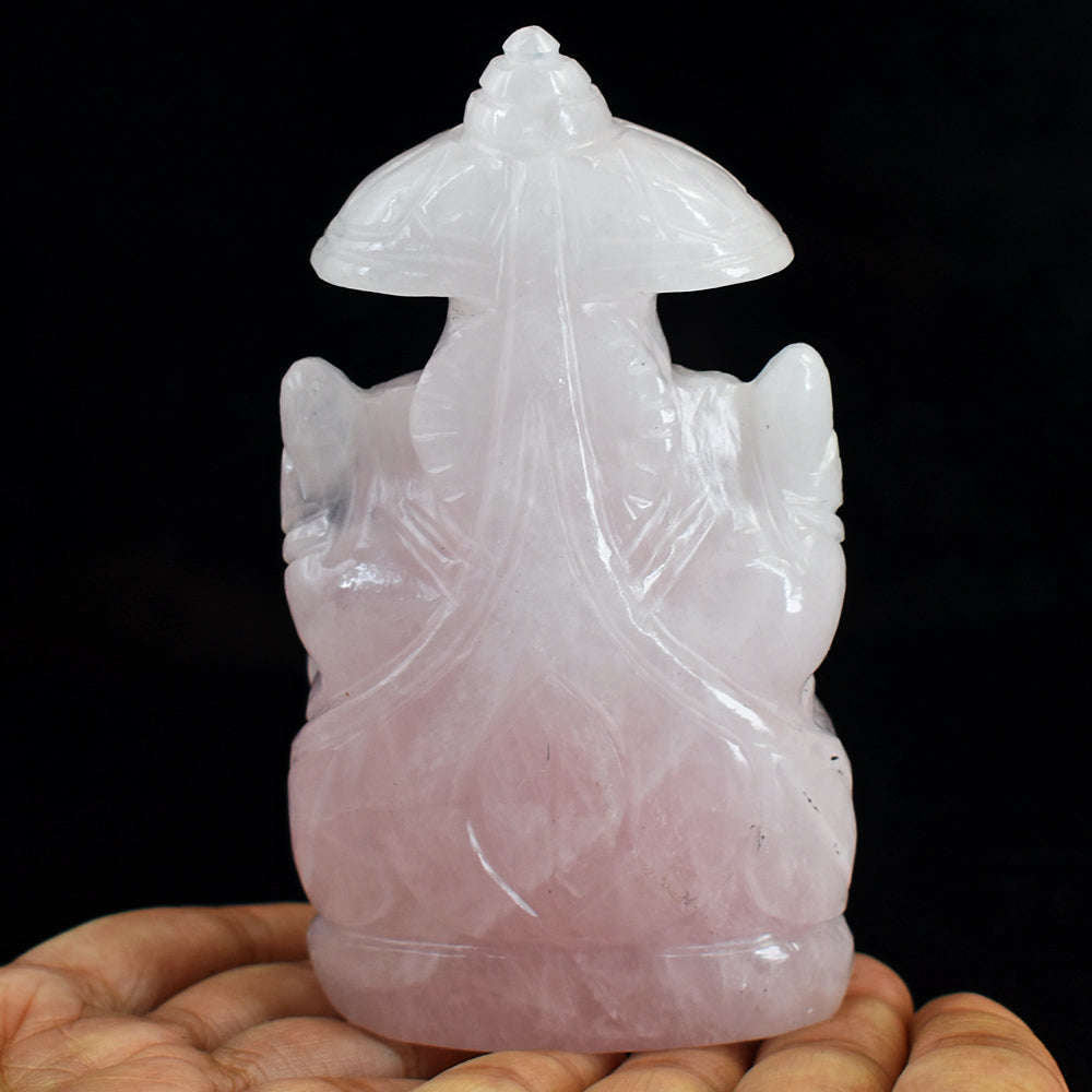 gemsmore:Awesome Pink Rose Quartz  Hand Carved Lord Ganesha With Throne
