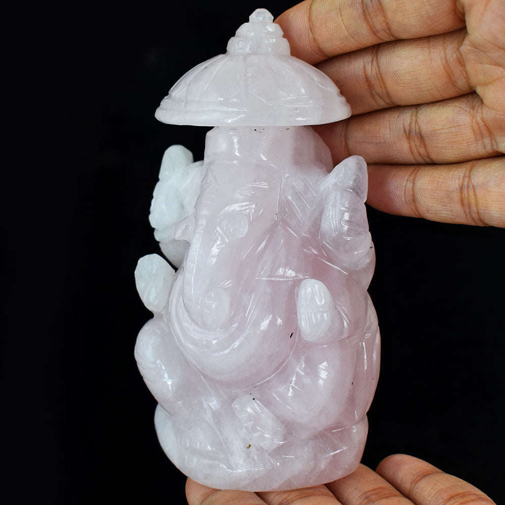 gemsmore:Awesome Pink Rose Quartz  Hand Carved Lord Ganesha With Throne