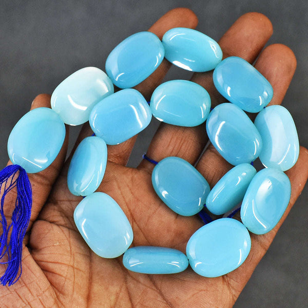 gemsmore:Beautiful 351 Cts Genuine Blue Chlacedony Beads Strand Of 14"