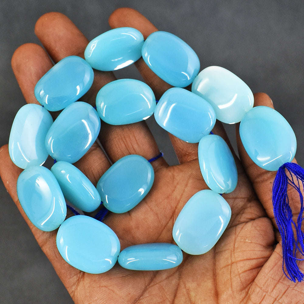 gemsmore:Beautiful 351 Cts Genuine Blue Chlacedony Beads Strand Of 14"