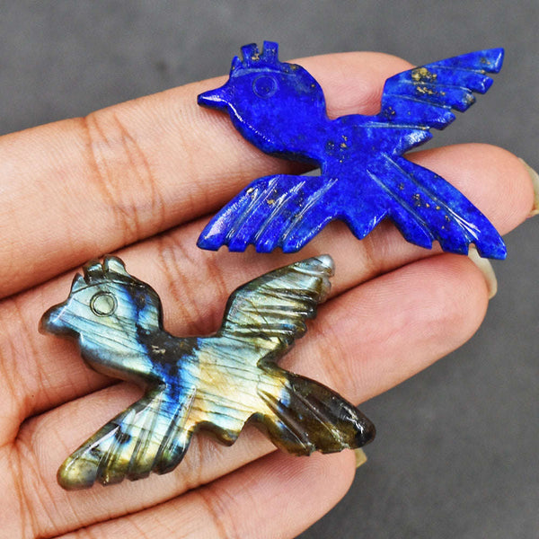 gemsmore:Beautiful 65 Carats Genuine Amazing Flash Labradorite & Lapis Lazuli Bird Set Gemstone