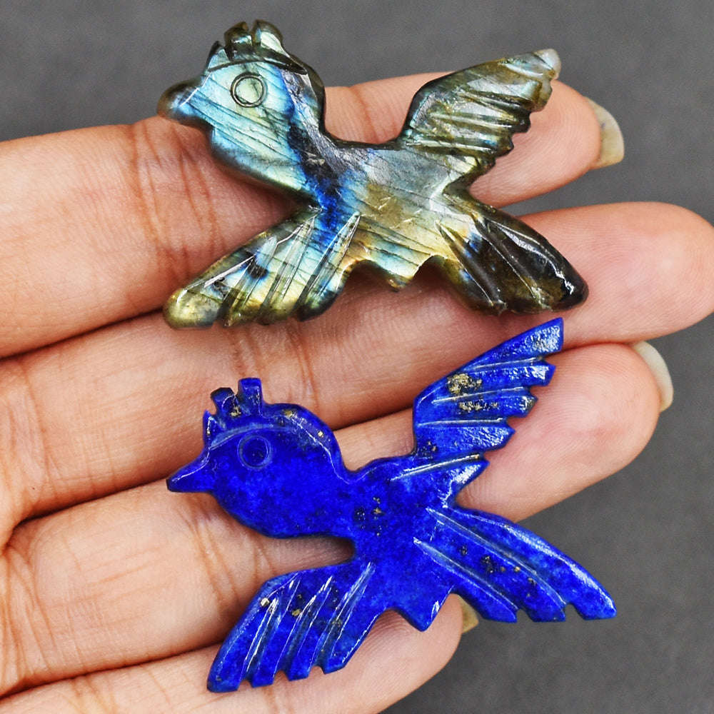 gemsmore:Beautiful 65 Carats Genuine Amazing Flash Labradorite & Lapis Lazuli Bird Set Gemstone
