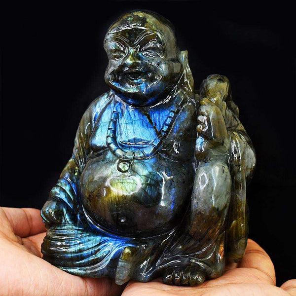 gemsmore:Beautiful Amazing Flash Labradorite Hand Carved Laughing Buddha