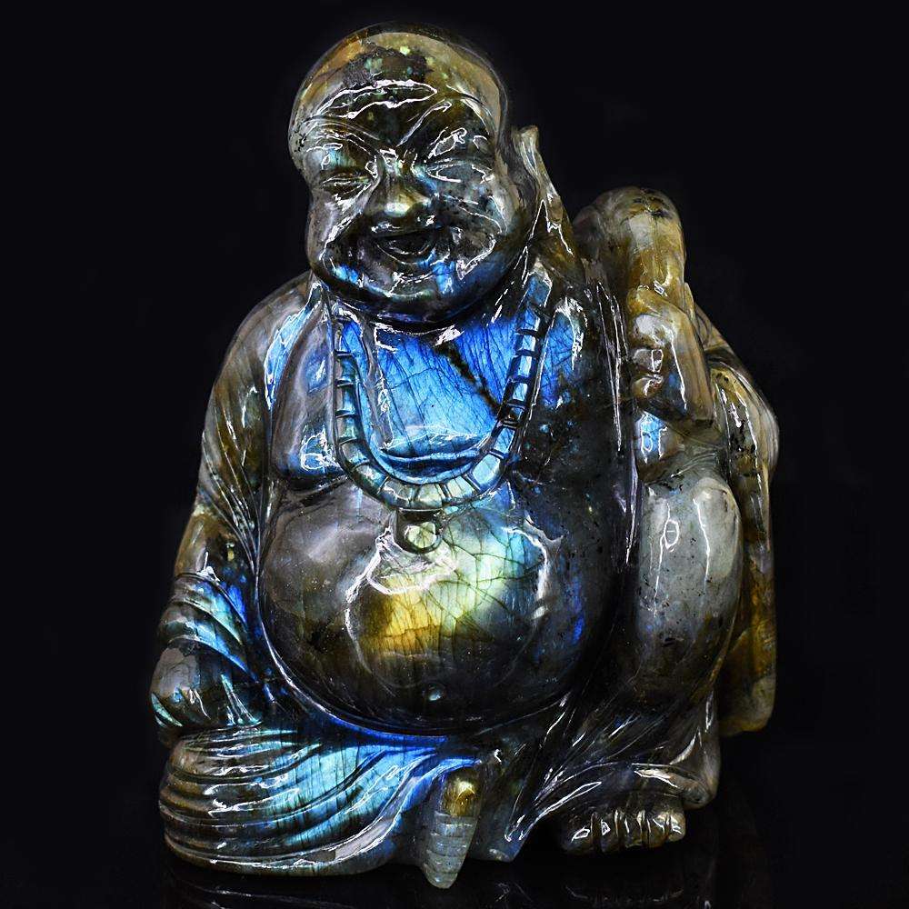 gemsmore:Beautiful Amazing Flash Labradorite Hand Carved Laughing Buddha