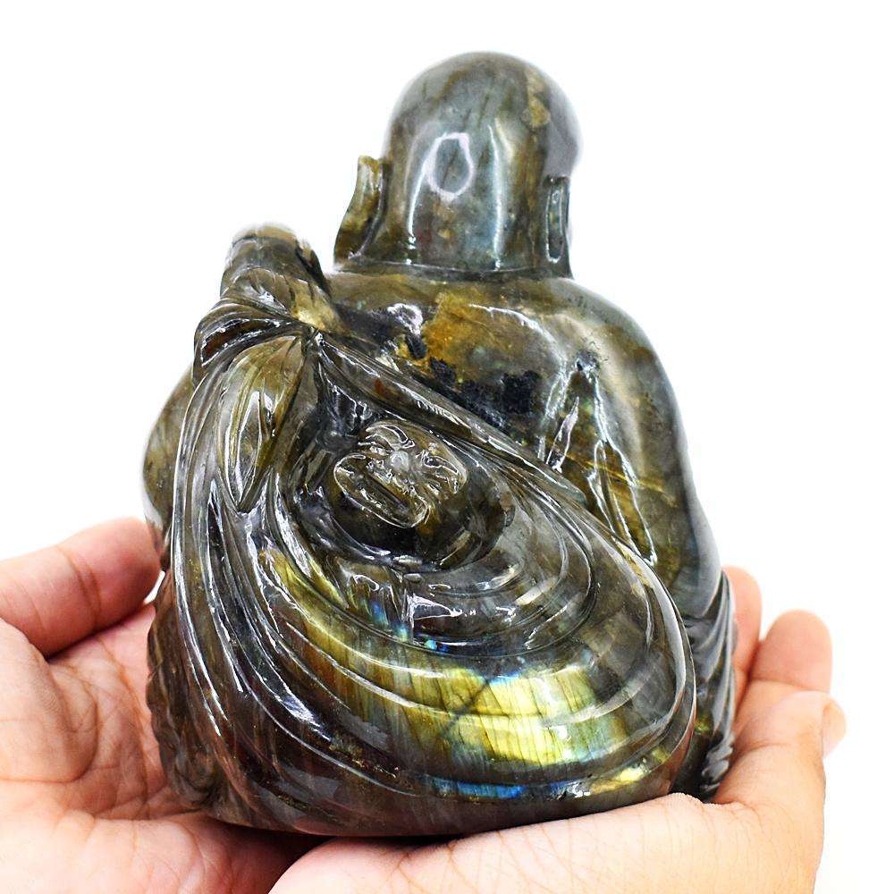 gemsmore:Beautiful Amazing Flash Labradorite Hand Carved Laughing Buddha