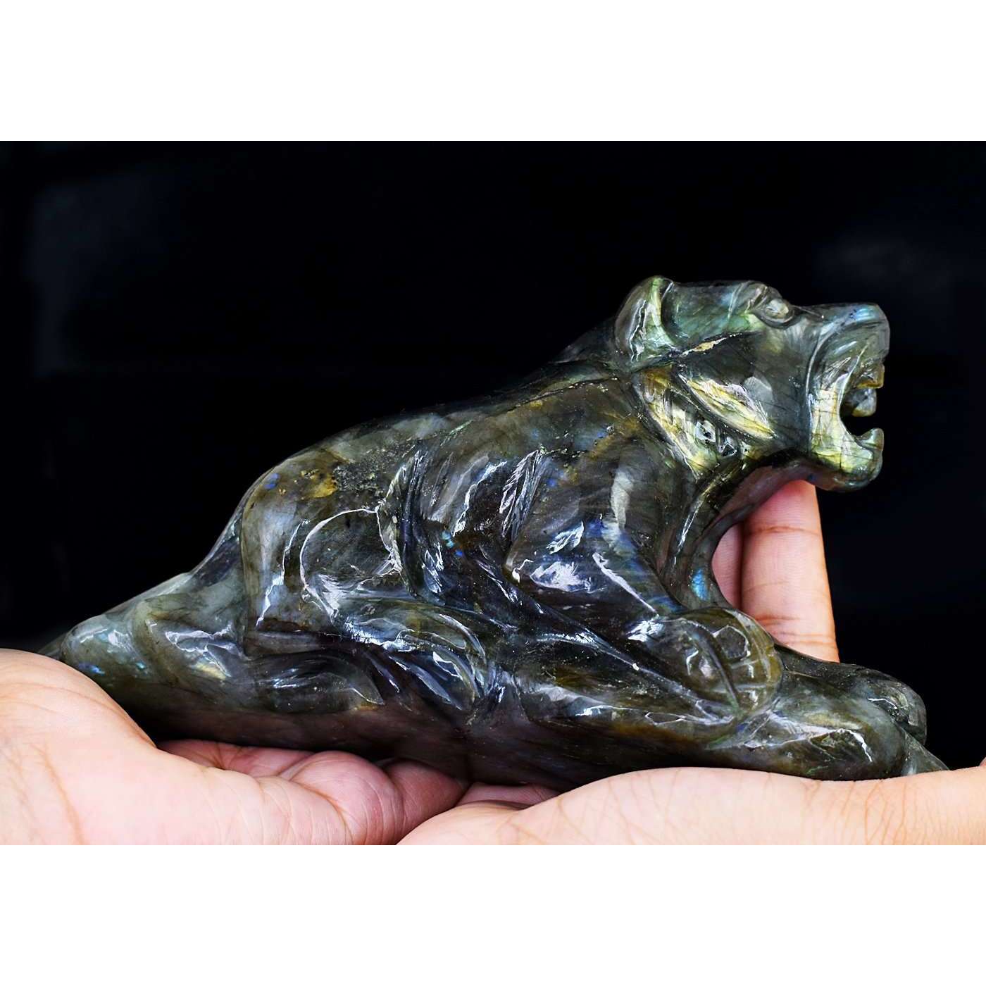 gemsmore:Beautiful Amazing Flash Labradorite Hand Carved Lion