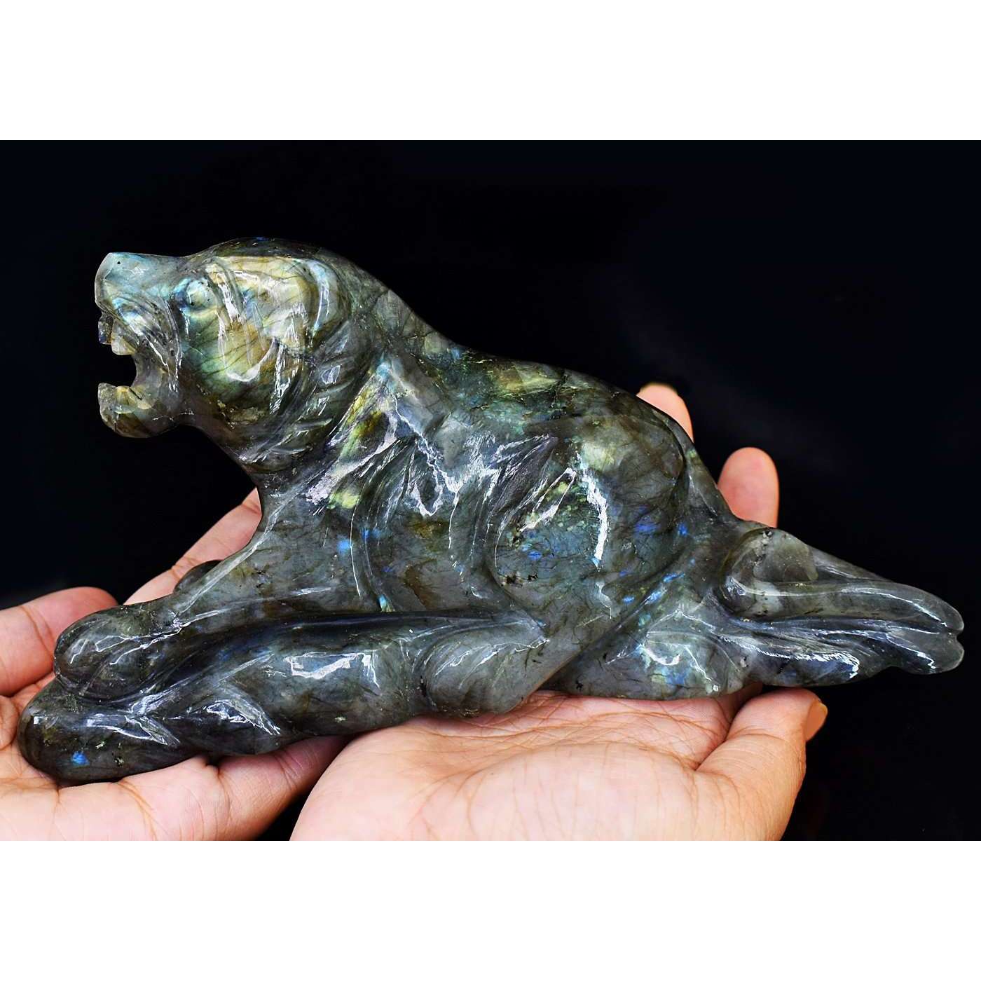 gemsmore:Beautiful Amazing Flash Labradorite Hand Carved Lion