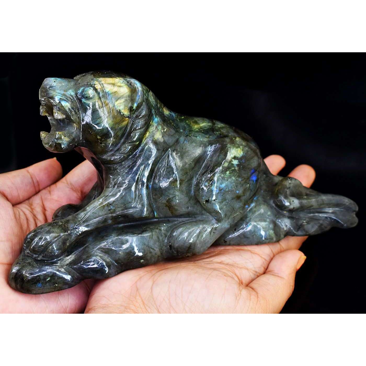 gemsmore:Beautiful Amazing Flash Labradorite Hand Carved Lion