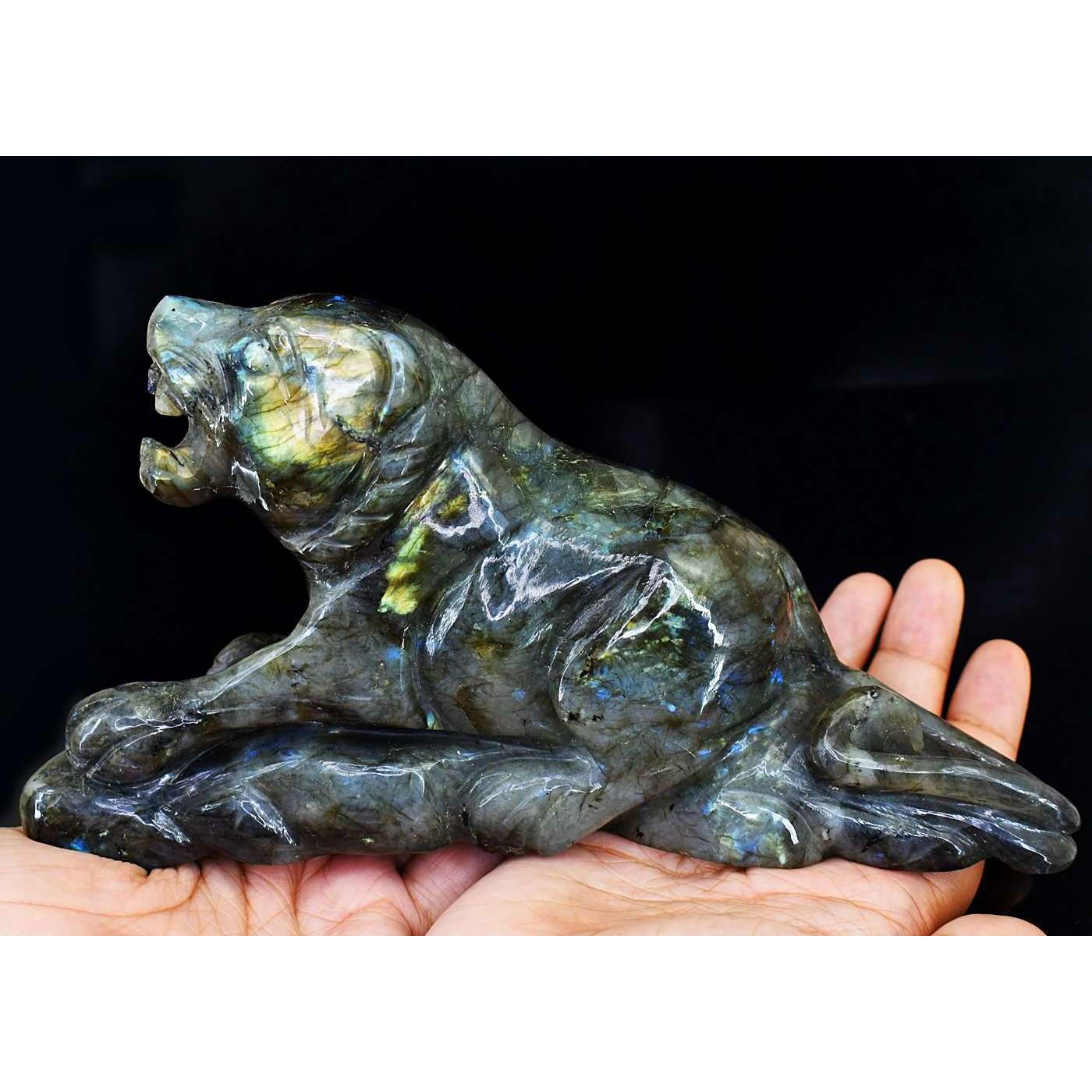 gemsmore:Beautiful Amazing Flash Labradorite Hand Carved Lion