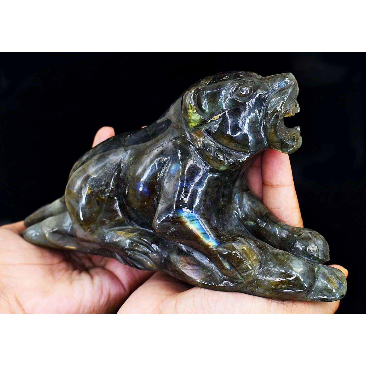 gemsmore:Beautiful Amazing Flash Labradorite Hand Carved Lion