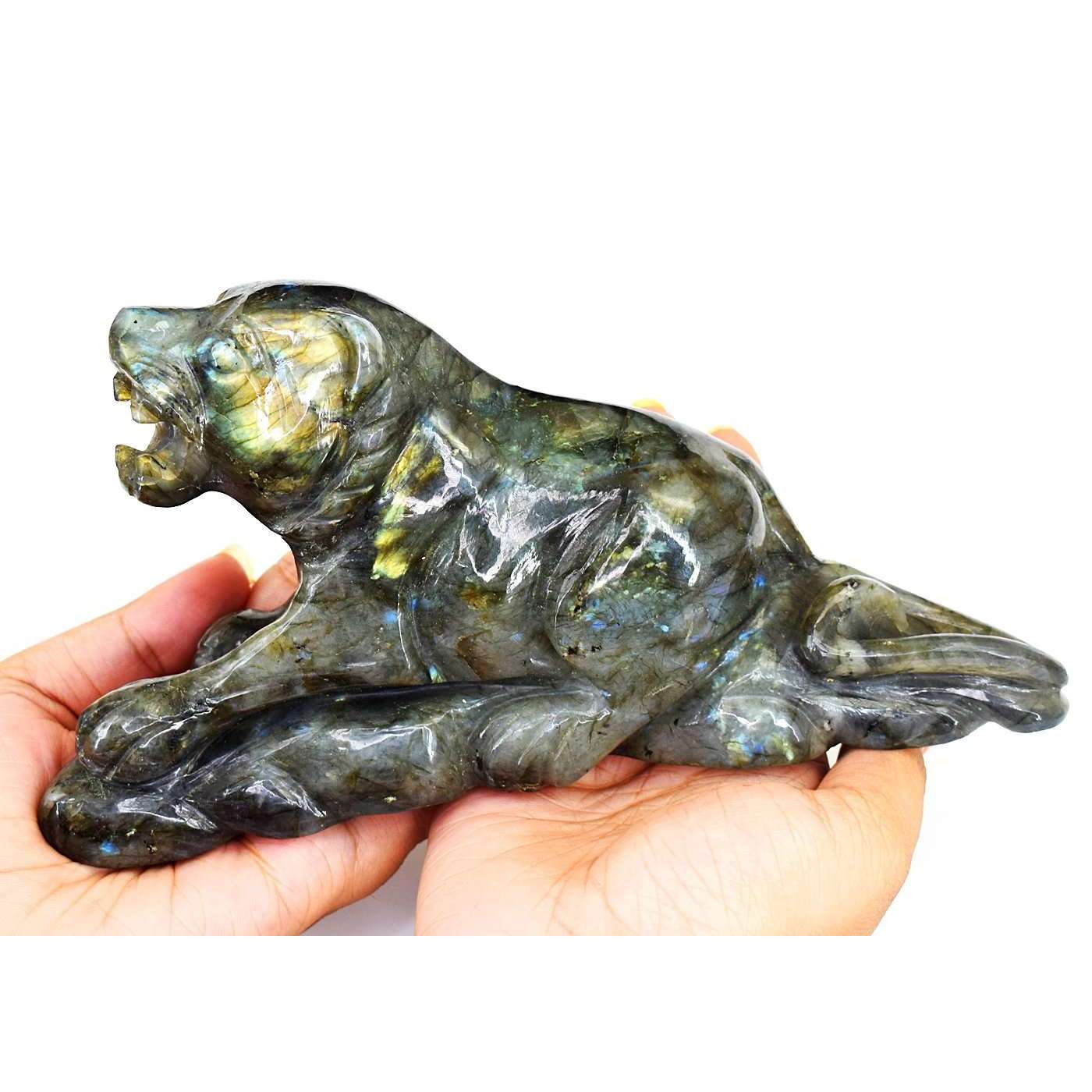 gemsmore:Beautiful Amazing Flash Labradorite Hand Carved Lion