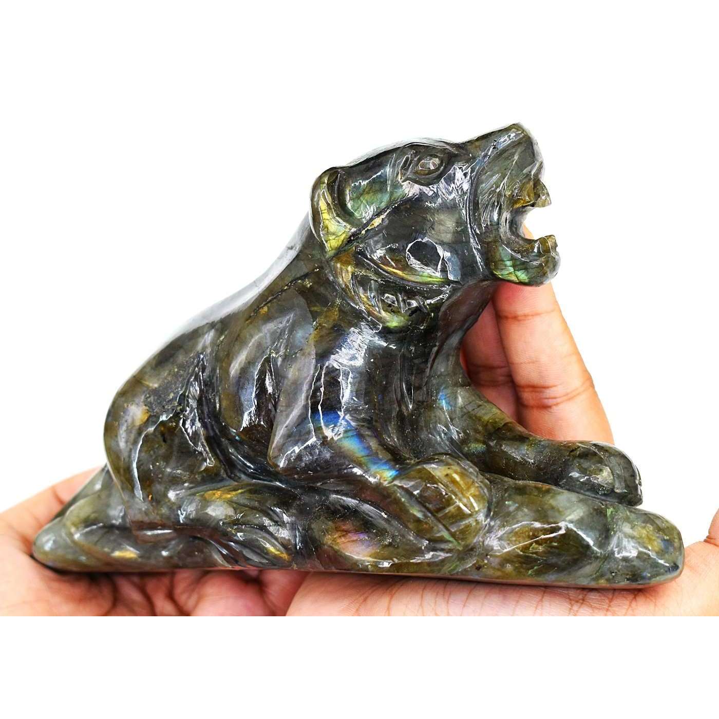 gemsmore:Beautiful Amazing Flash Labradorite Hand Carved Lion