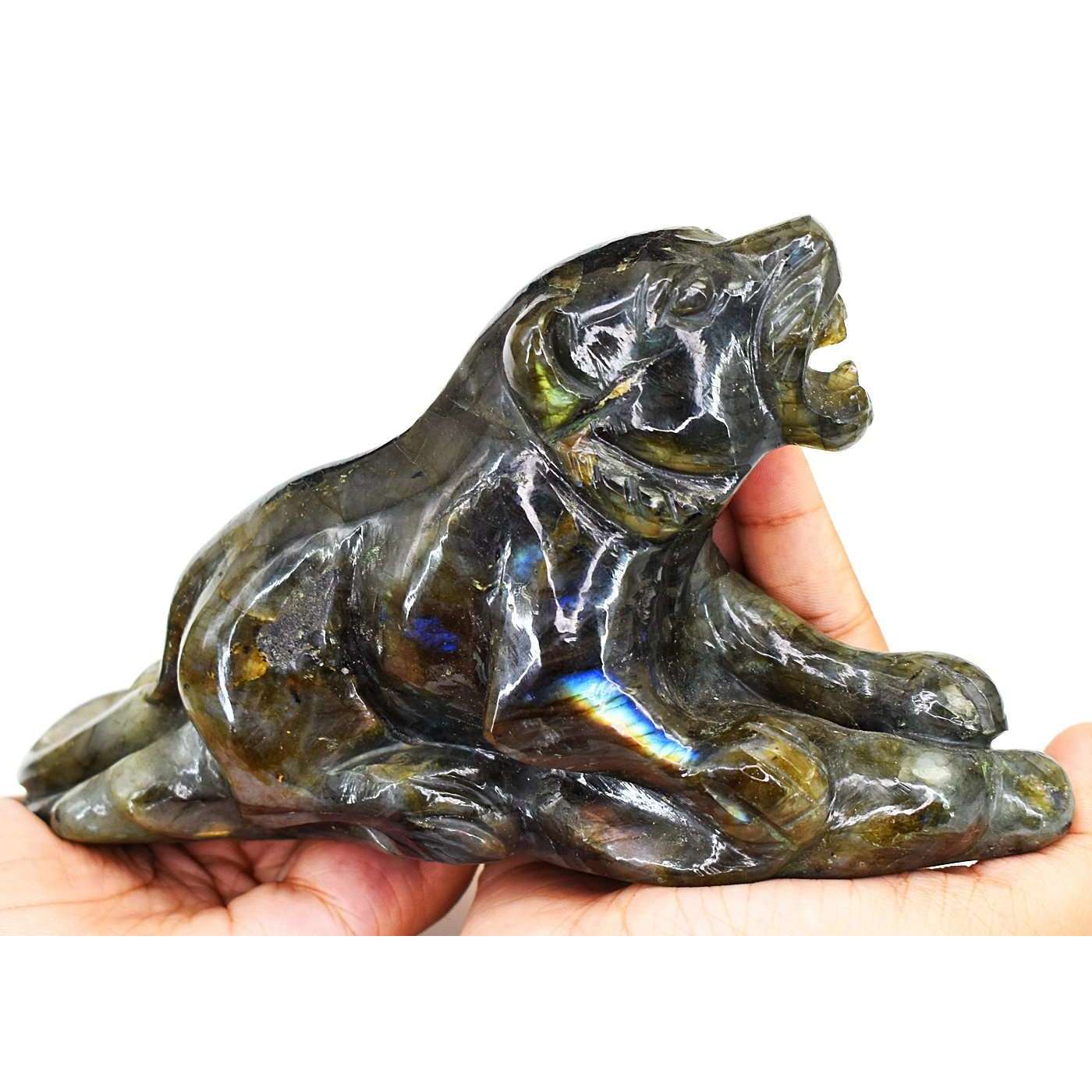 gemsmore:Beautiful Amazing Flash Labradorite Hand Carved Lion