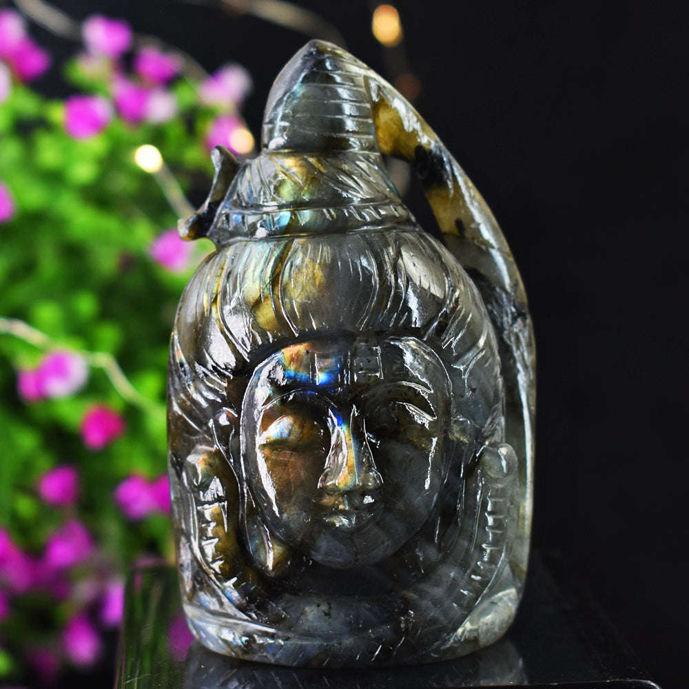 gemsmore:Beautiful  Amazing Flash Labradorite Hand Carved Lord Shiva Head