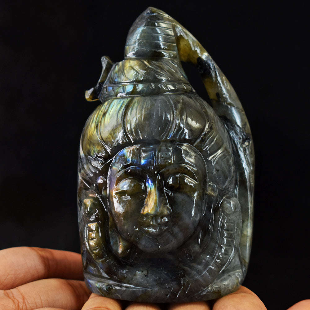 gemsmore:Beautiful  Amazing Flash Labradorite Hand Carved Lord Shiva Head