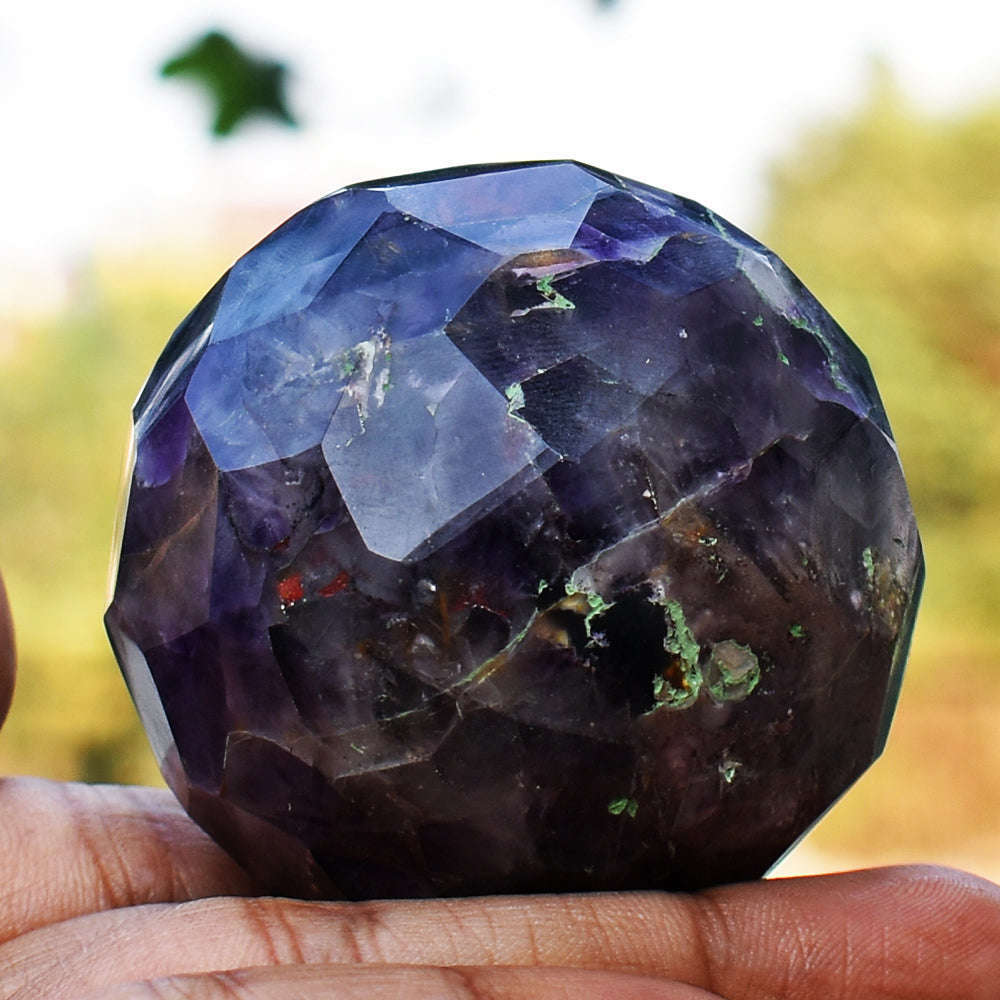 gemsmore:Beautiful Amethyst Hand Carved Checkers Cut Healing Crystal Sphere